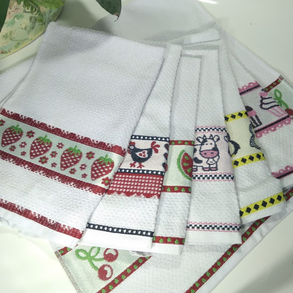 Kit 6 Pano Prato Copa Cozinha Toalha Felpa Branco Jacquard Cor Sortido