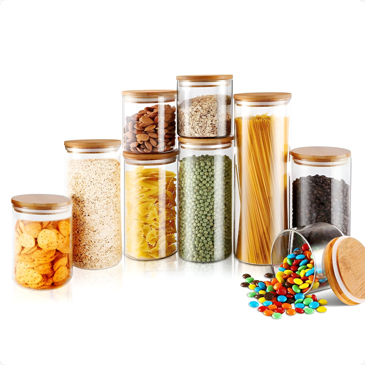 Kit 9 Potes Mantimentos Vidro Herméticos Com Tampa Bambu Alta Resistência Epsilon EPS-709