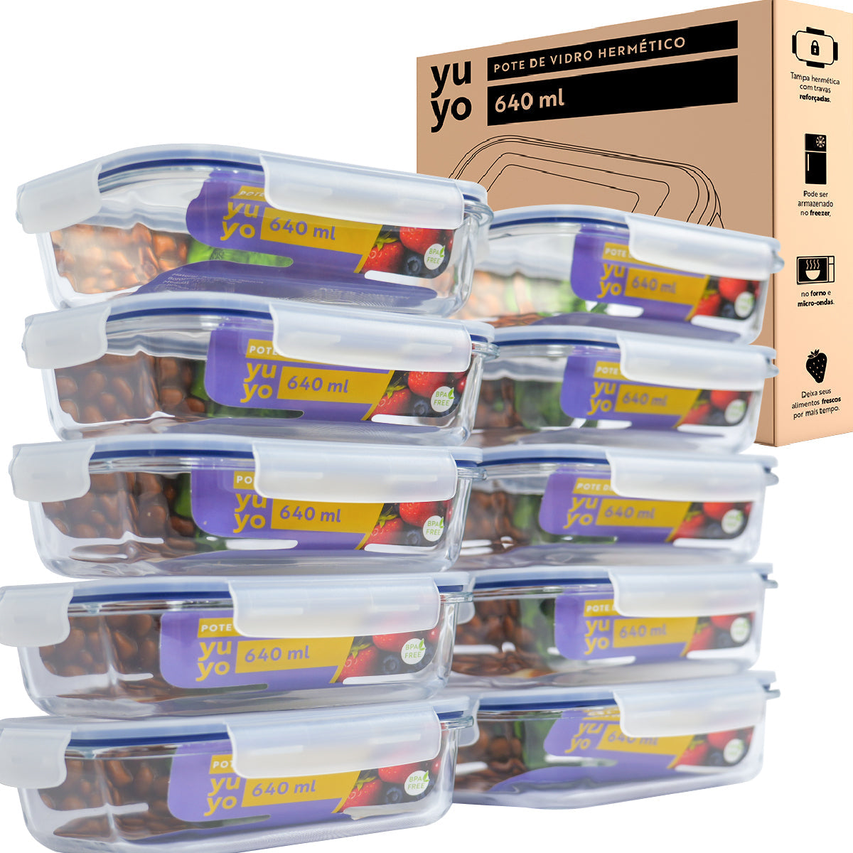 Kit 10 Pote De Vidro Marmita Hermético 640ml Freezer Fitness