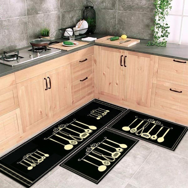 Tapete De Cozinha Kitchen Itens 3 Peças Antiderrapante Comprimento 120 cm Cor Preto Largura 34 cm