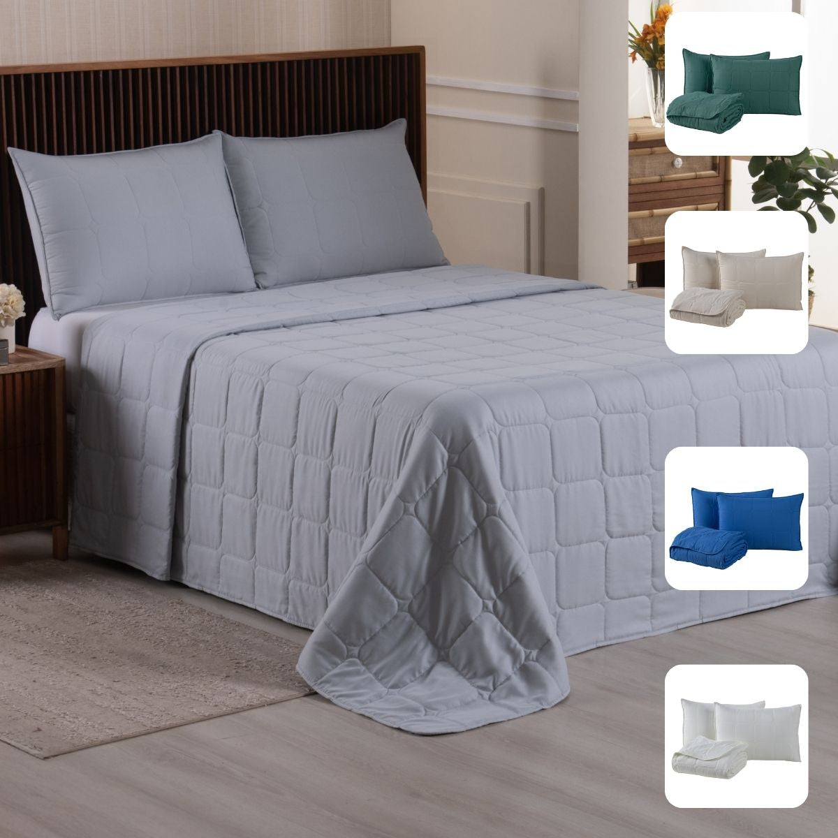 Colcha Cobre Leito King 3 Peças Percal 400 Fios Dupla Face Matelado Na Costura - Raraluz Casa - Cinza