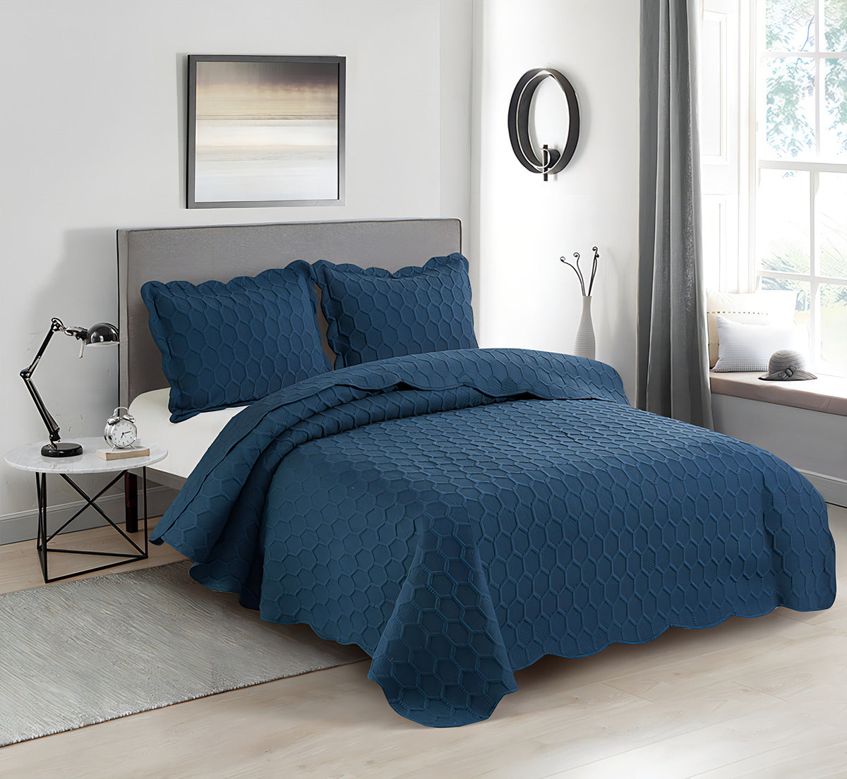 Colcha Solteiro Ilusion Favo 3d C/ Porta Trav Azul Camesa