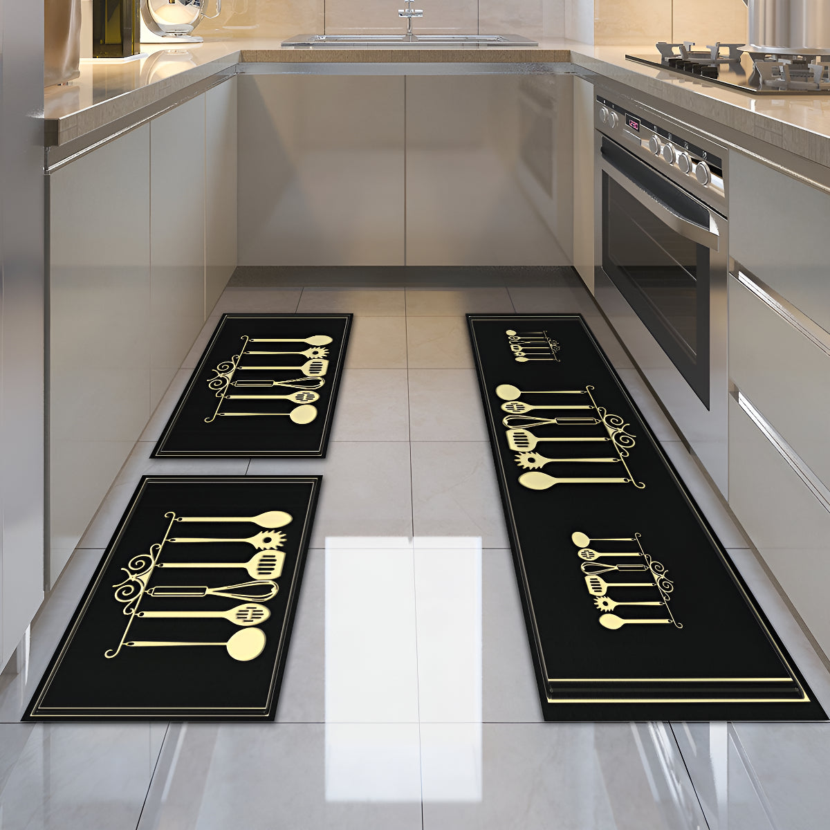 Tapete De Cozinha Kitchen Itens 3 Peças Antiderrapante Comprimento 120 cm Cor Preto Largura 34 cm