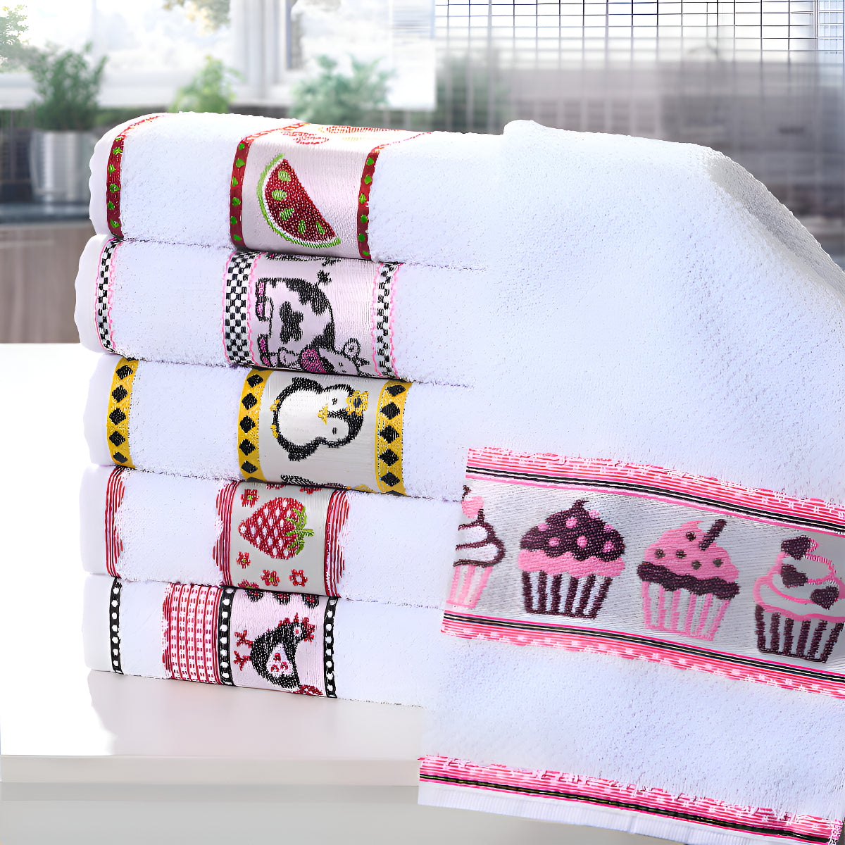 Kit 6 Pano Prato Copa Cozinha Toalha Felpa Branco Jacquard Cor Sortido