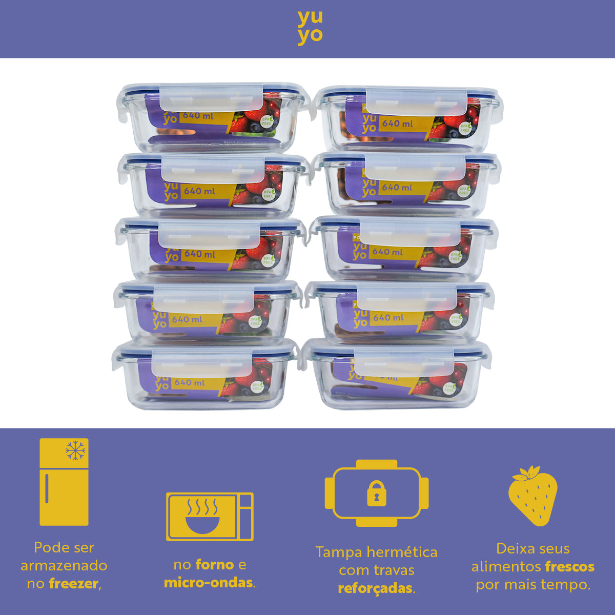 Kit 10 Pote De Vidro Marmita Hermético 640ml Freezer Fitness