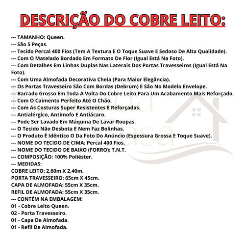 Kit Cobre Leito Queen 5 Peças Bordado Percal 400 Fios Luxo